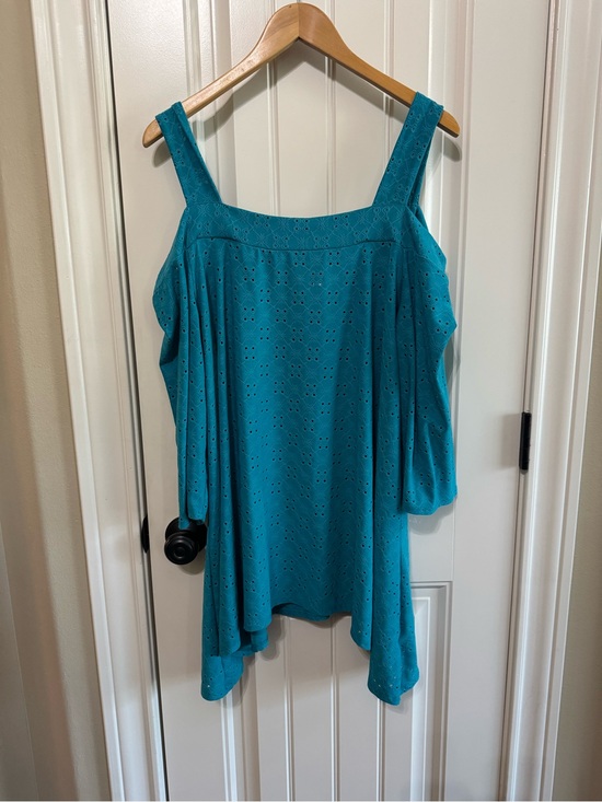 NY Collection Tops - NY Collection Woman Teal Blue Cold Shoulder Eyelet Sharkbite Tunic Top Dress 2X